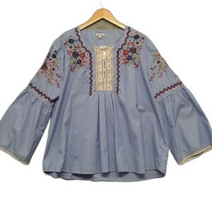 Jennifer & Grace Women Sz 1X Floral Embroidered Blouse Long Sleeve Blue NWT